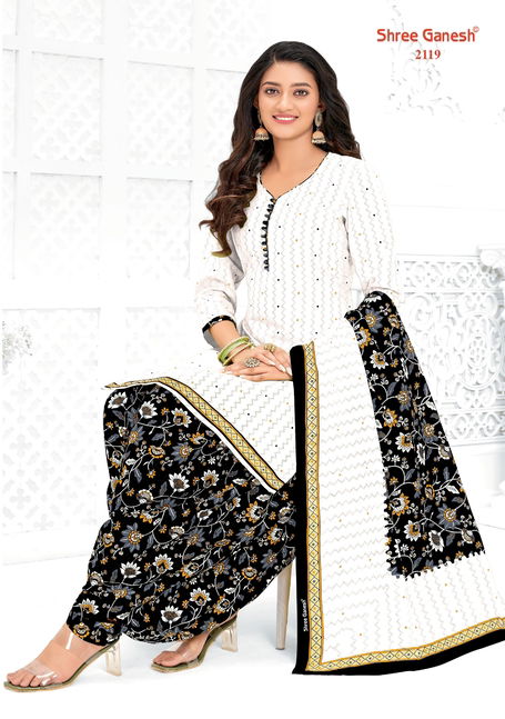 Shree Ganesh White And Black Printed Cotton Dress Material Catalog